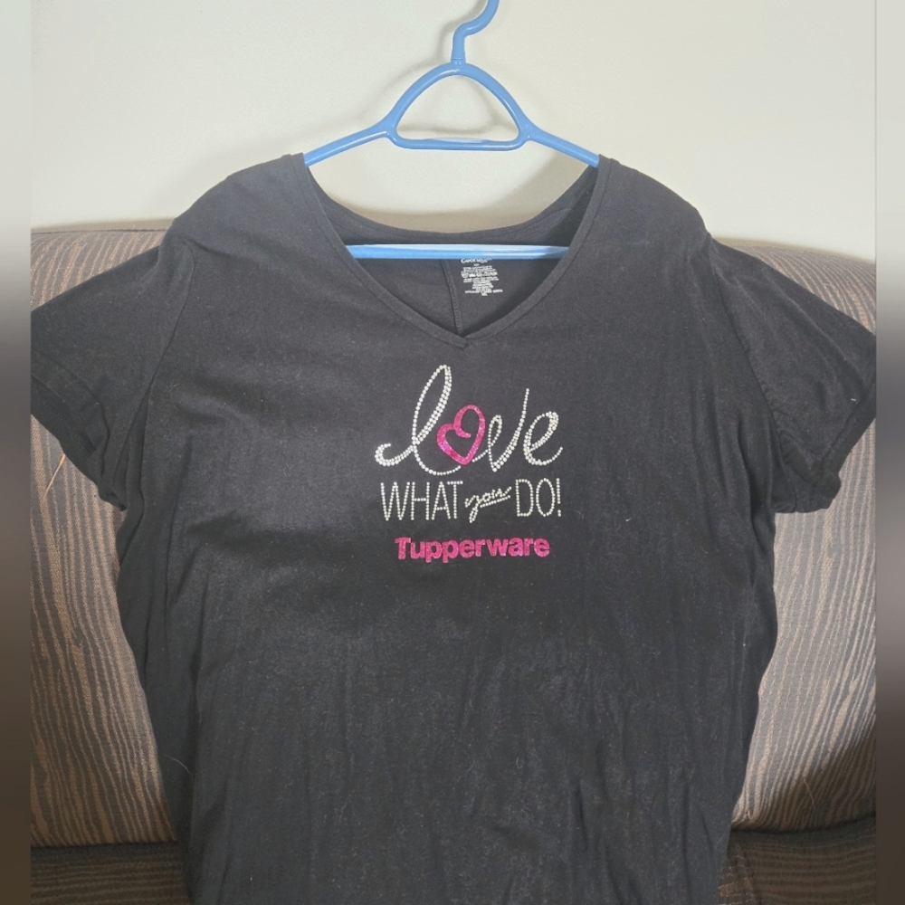 Tupperware Black T-Shirt with Pink and White Sparkle Design